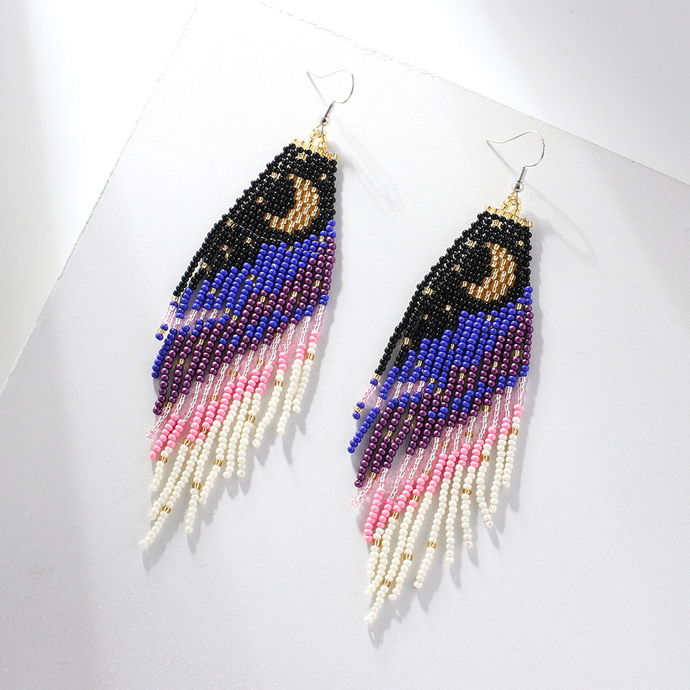 Wholesale Handmade Rice Bead Moon Tassel Earrings