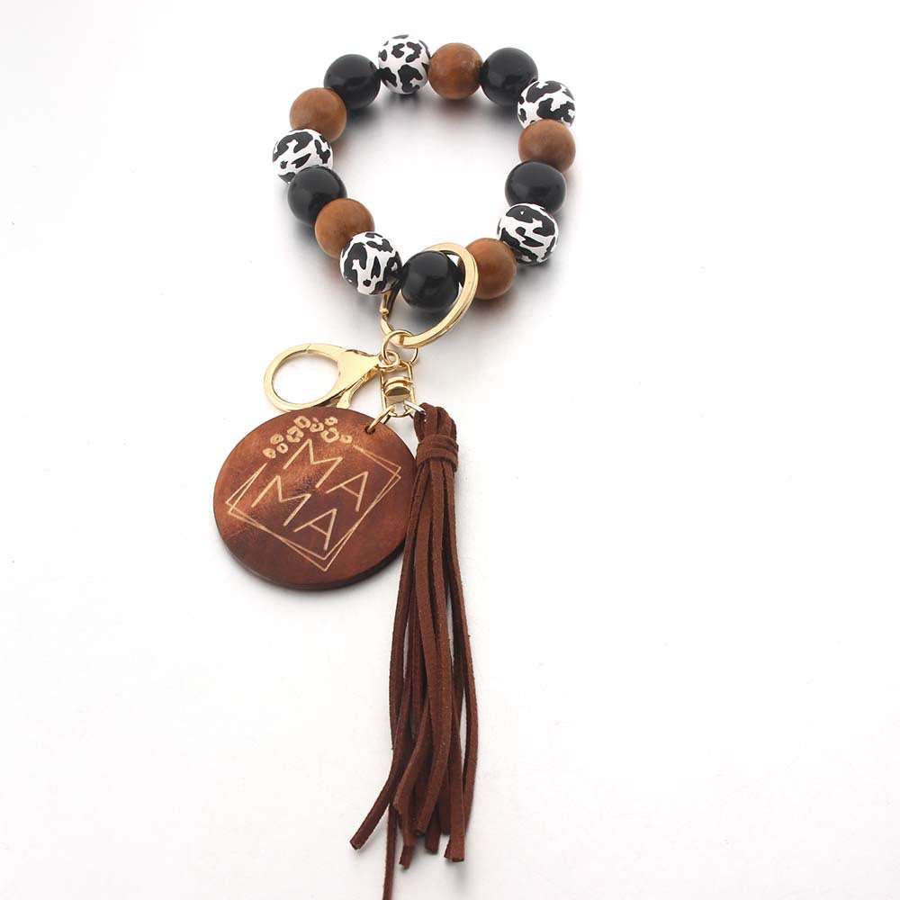 Wholesale MAMA Wooden Plaque Wooden Beads Tassel Bracelet Keychain