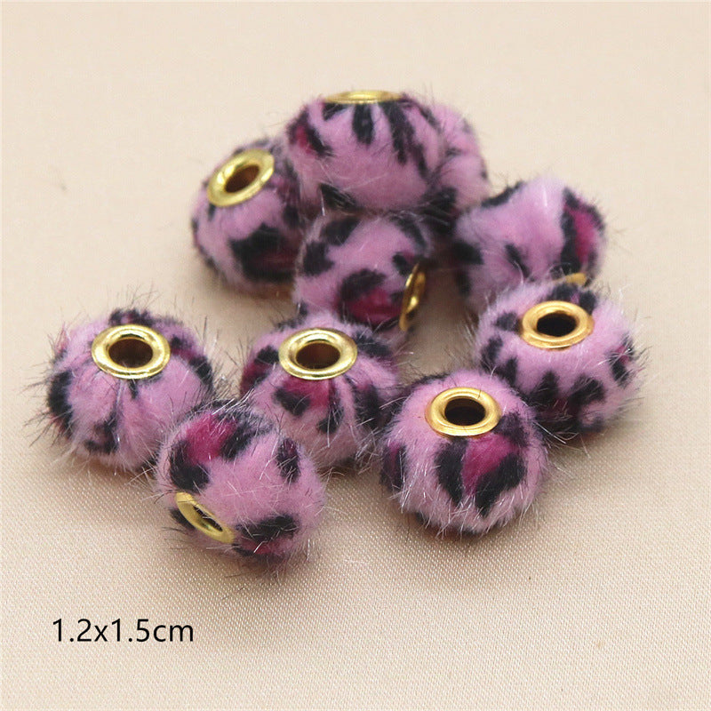 Wholesale 10PCS Straight Hole Leopard Print Cloth Fur Ball Beads Loose Beads Fabric Separator Beads