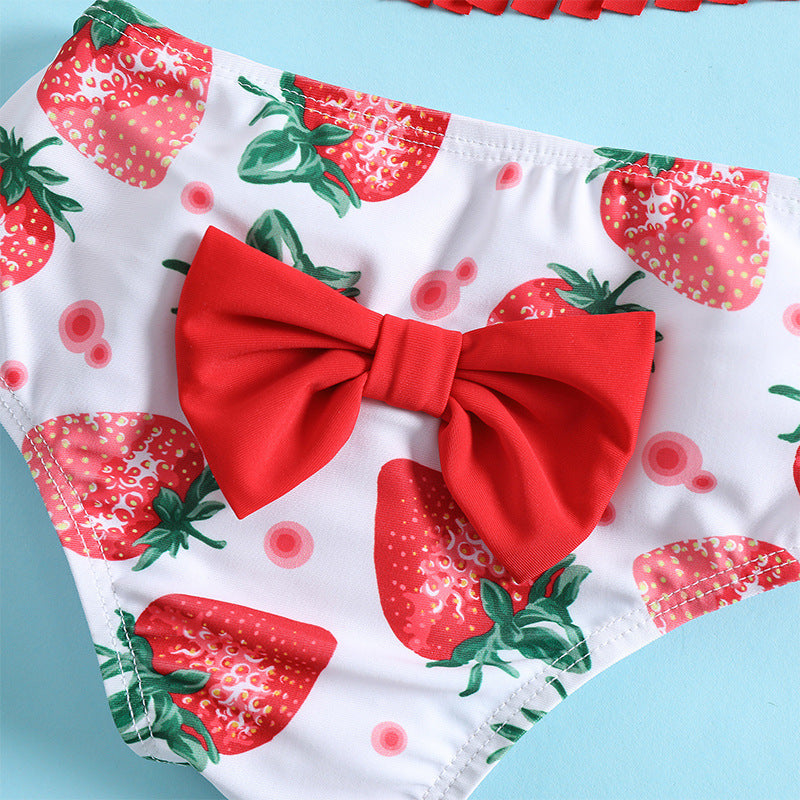 Wholesale Children's Summer Fruit Print Swimwear + Bandana Three-piece Set Split Swimwear