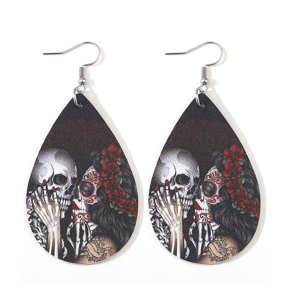 Wholesale dark rose flower skull earrings double-sided PU leather drop earrings