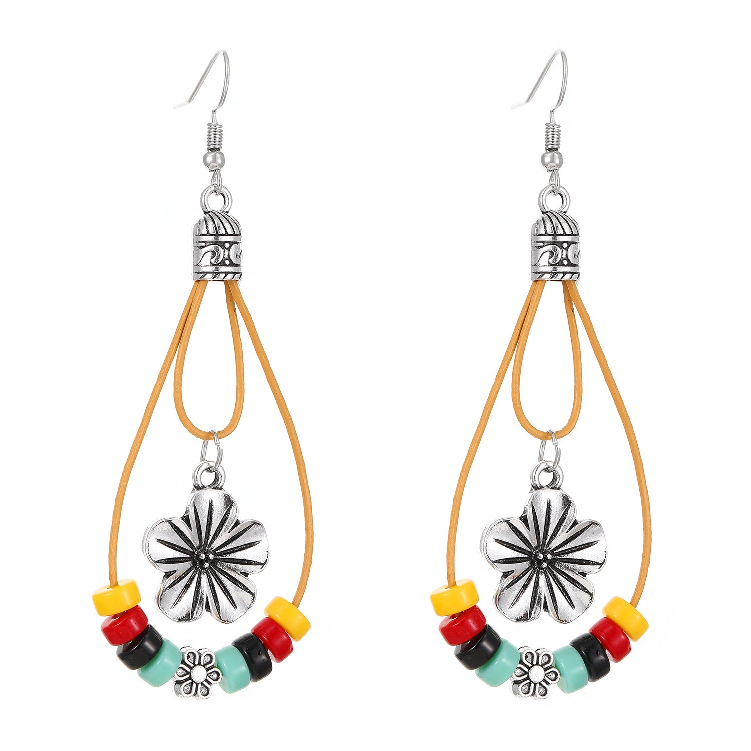 Wholesale Vintage Ethnic Bohemian Flower Drop Earrings For Women Alloy Turquoise Bead Design Fashion Jewelry Accessory