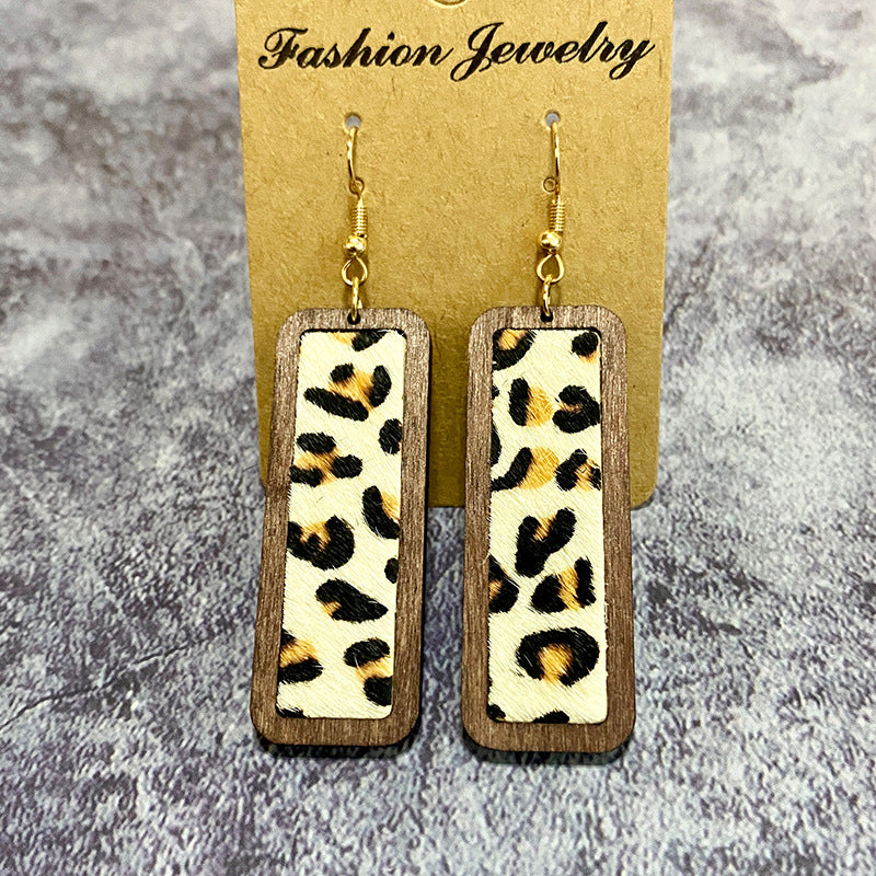 Wholesale Western Leopard Print Minimalist Bar Leather Retro Geometric Texture Inlaid Earrings