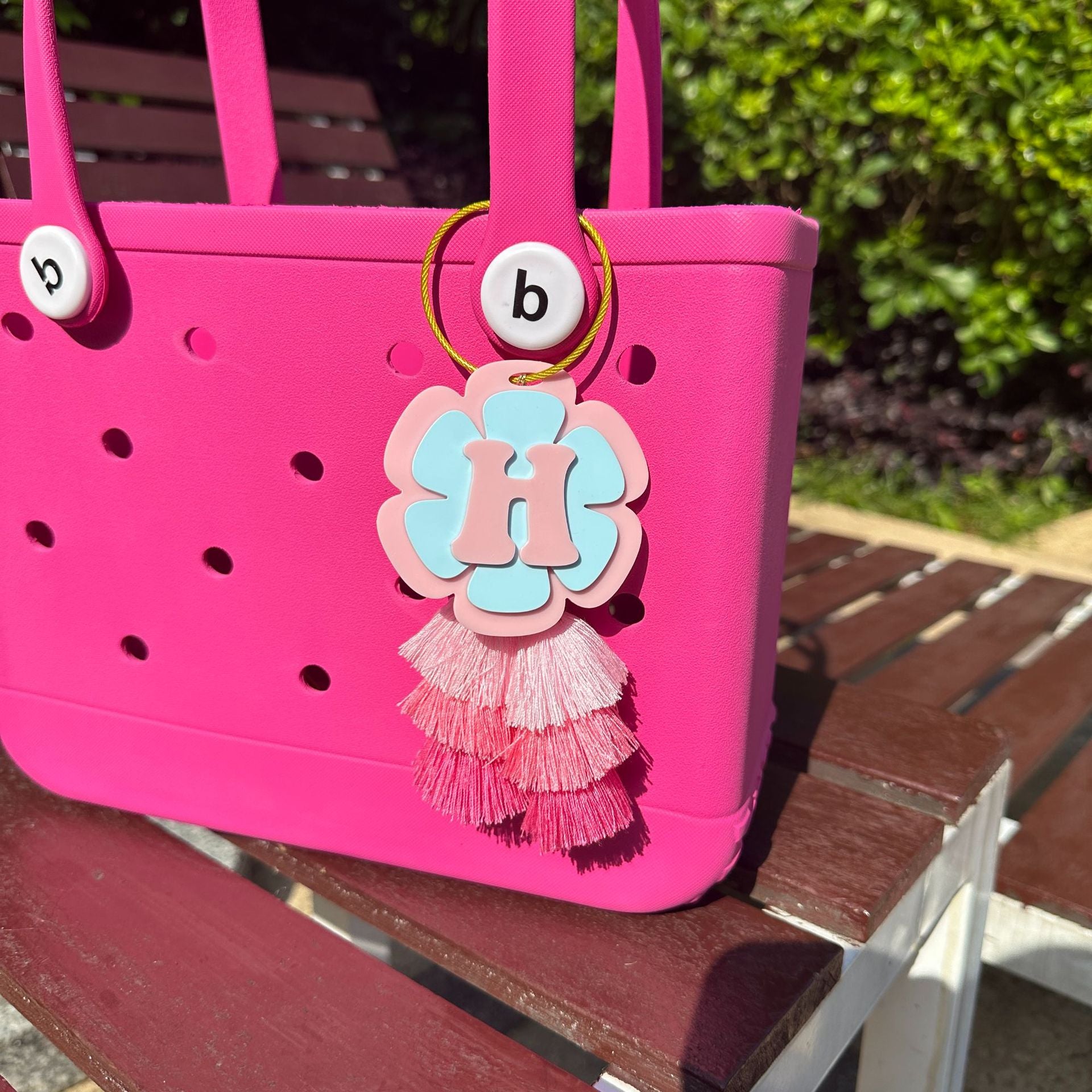 Wholesale Beach Bag Accessories Pink Macaroon Tassel Name Keychain