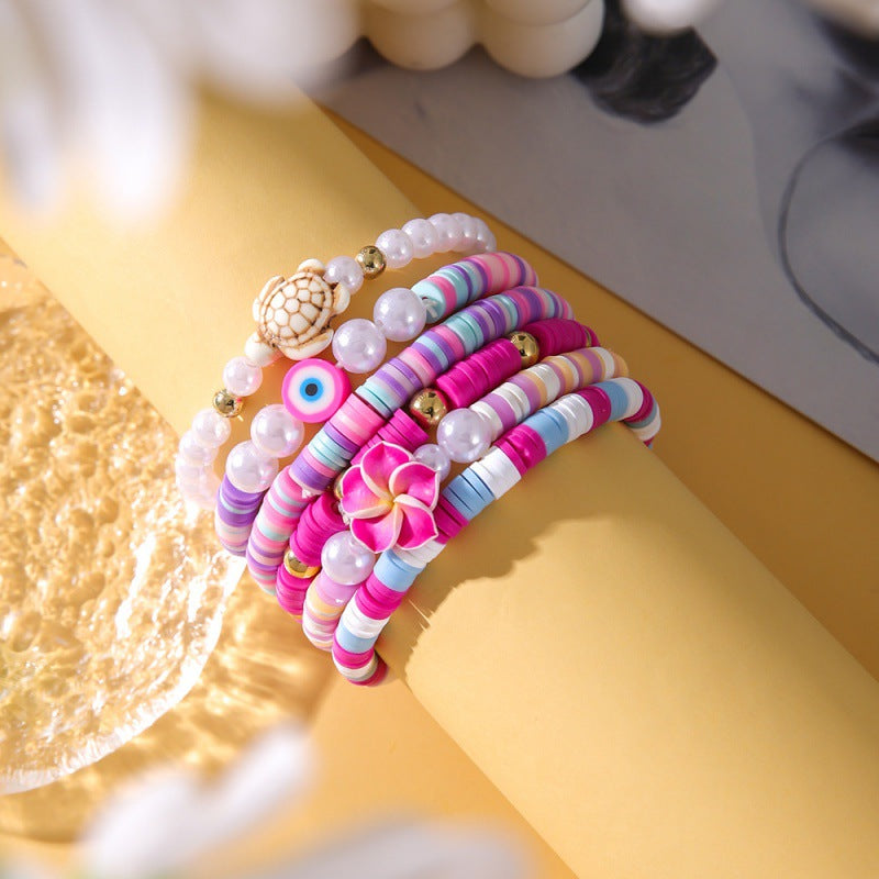 Wholesale College Style Colored Soft Clay Ocean Elements Five-petal Flower Shell Pendant Pearl Bracelet 6-piece Set