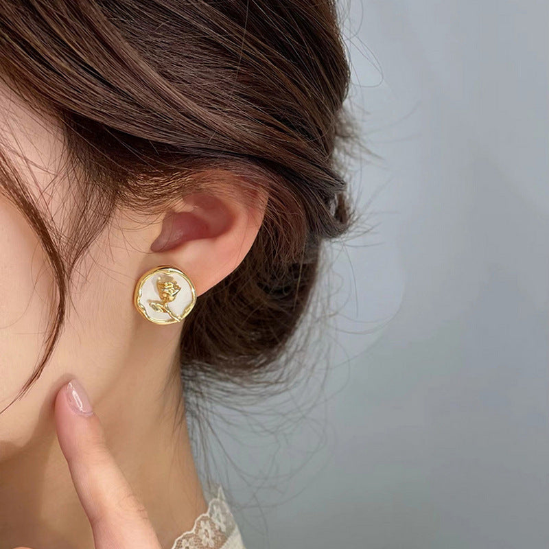 Wholesale S925 silver needle leaf rose small fresh flower earrings