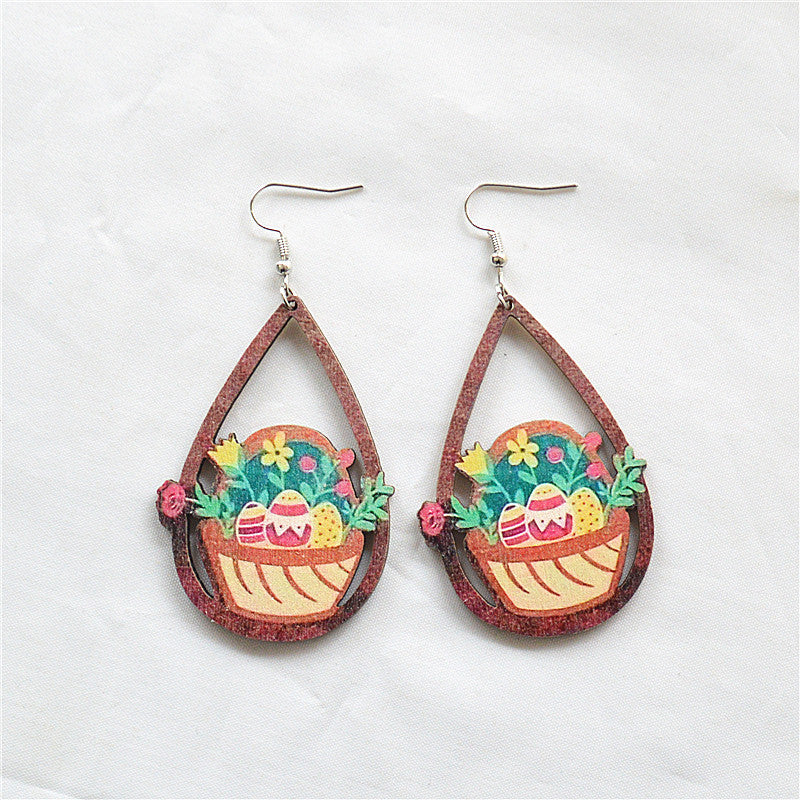 Wholesale Water droplet hollow leopard print Easter wooden earrings