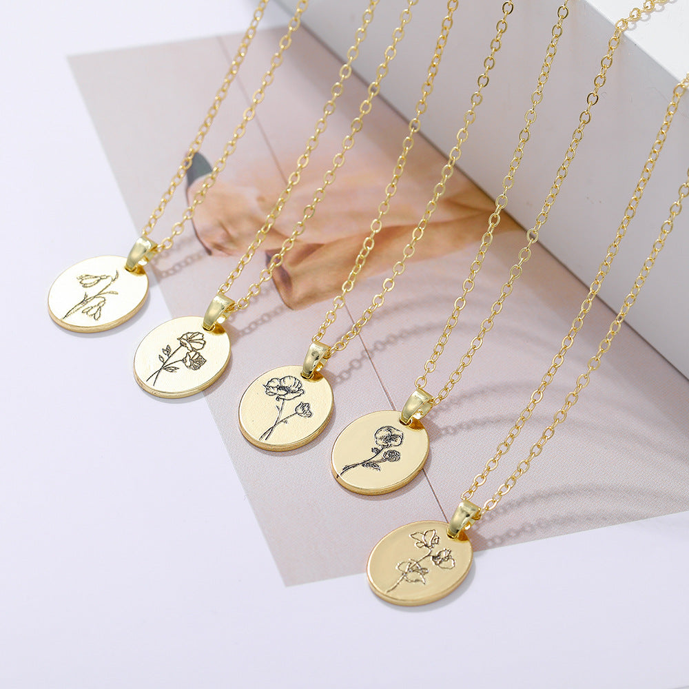 Wholesale Moon Flower Gold Plated Corrosion Pattern Oval Pendant Necklace