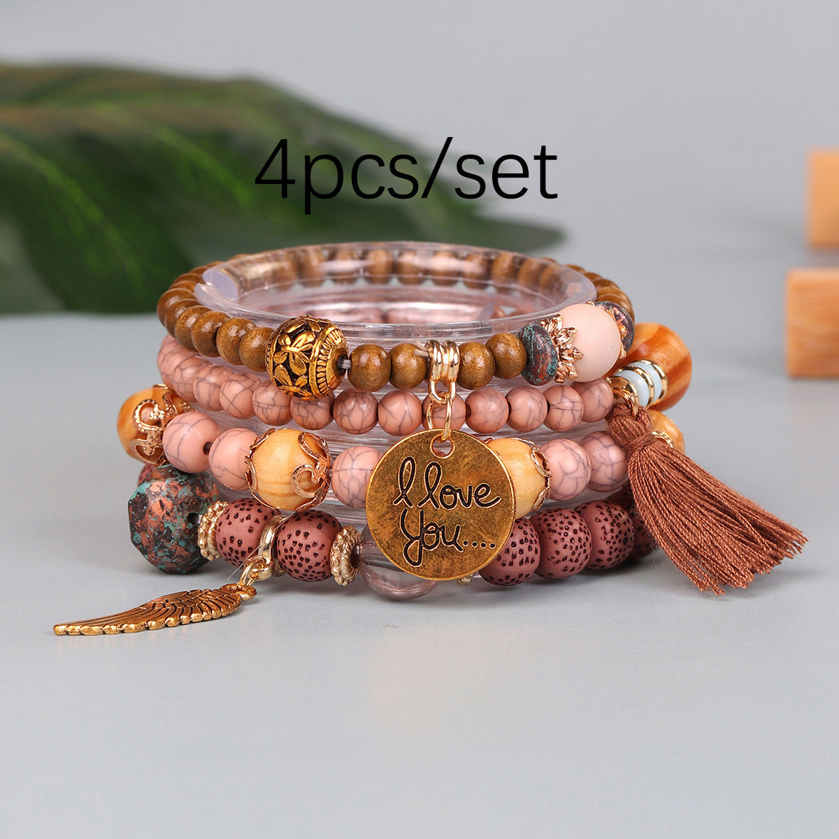 Wholesale Wing Wood Bead Tassel Elastic Bracelet