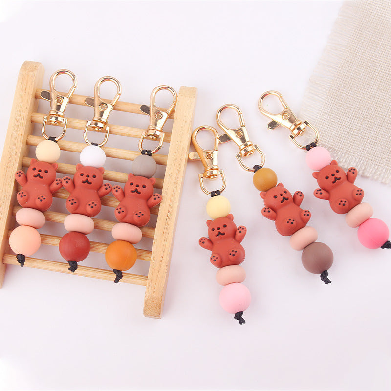 Wholesale Cartoon 3D Bear Silicone Beaded Keychain