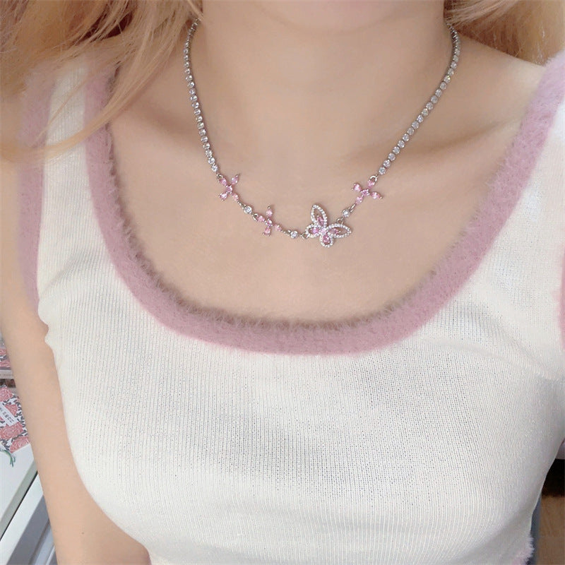 Wholesale Sweetheart Sakura Pink Asymmetric Butterfly Necklace for Women