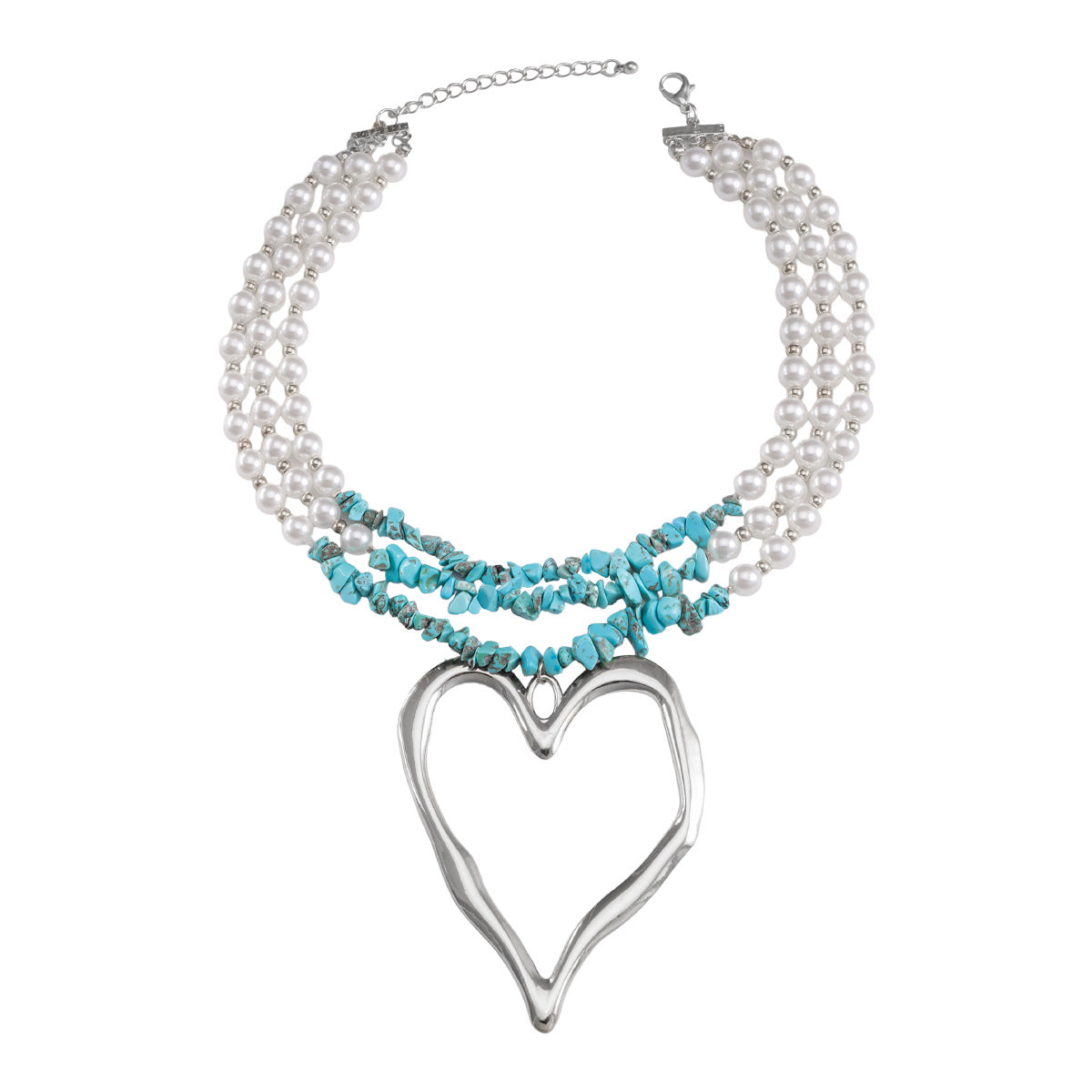 Wholesale Creative Exaggerated Love Pendant Necklace Multi Layered Turquoise Imitation Pearl Splice Necklace