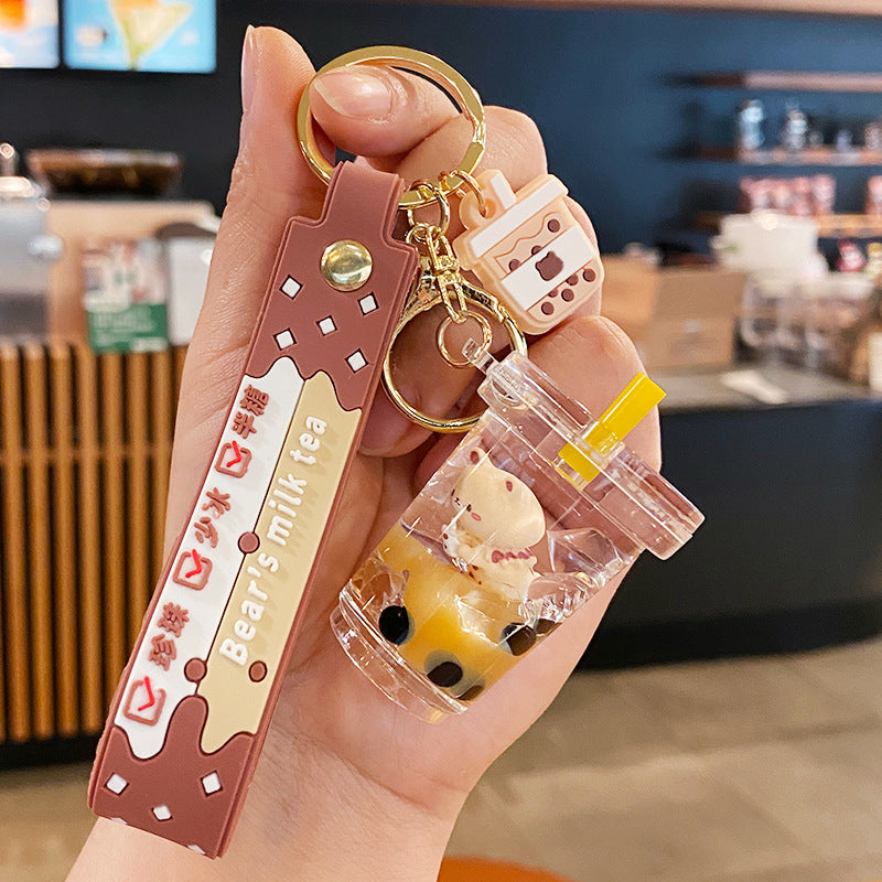 Wholesale Milk tea bear quicksand keychain exquisite cute schoolbag pendant