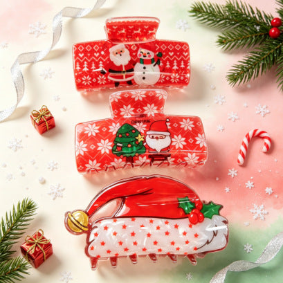 Wholesale Christmas Santa Gingerbread Snowman PVC Hair Claw Clip Transparent Holiday Print Hair Accessory For Festive Everyday Styling
