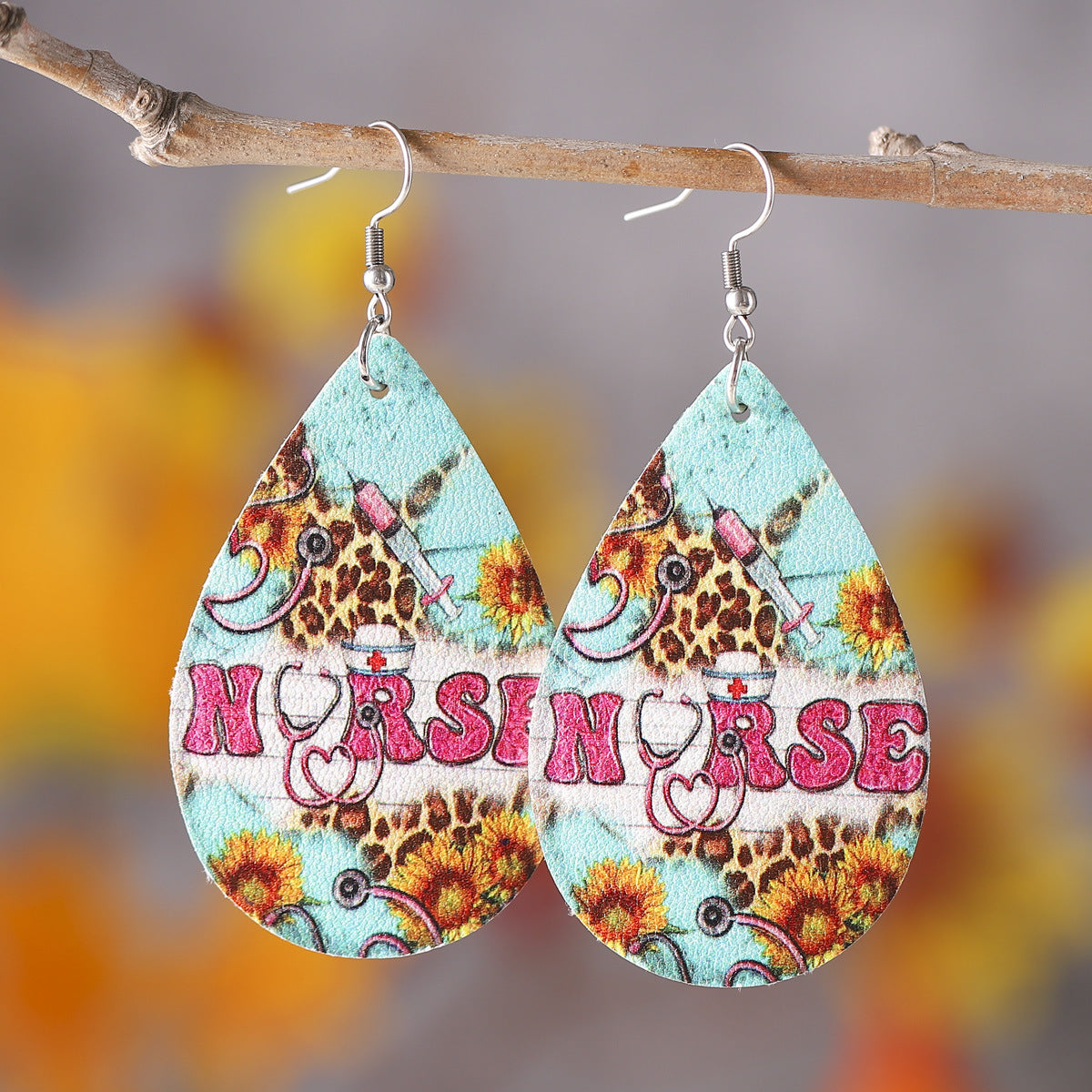 Wholesale Nurse' s Day western style leopard print sunflower  leather pendant earrings