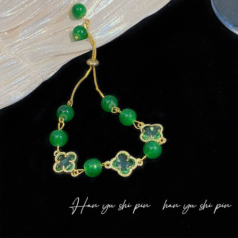 Cristal al por mayor de cuatro hojas Clover Moonstone Bead -Drawstring Bracelet