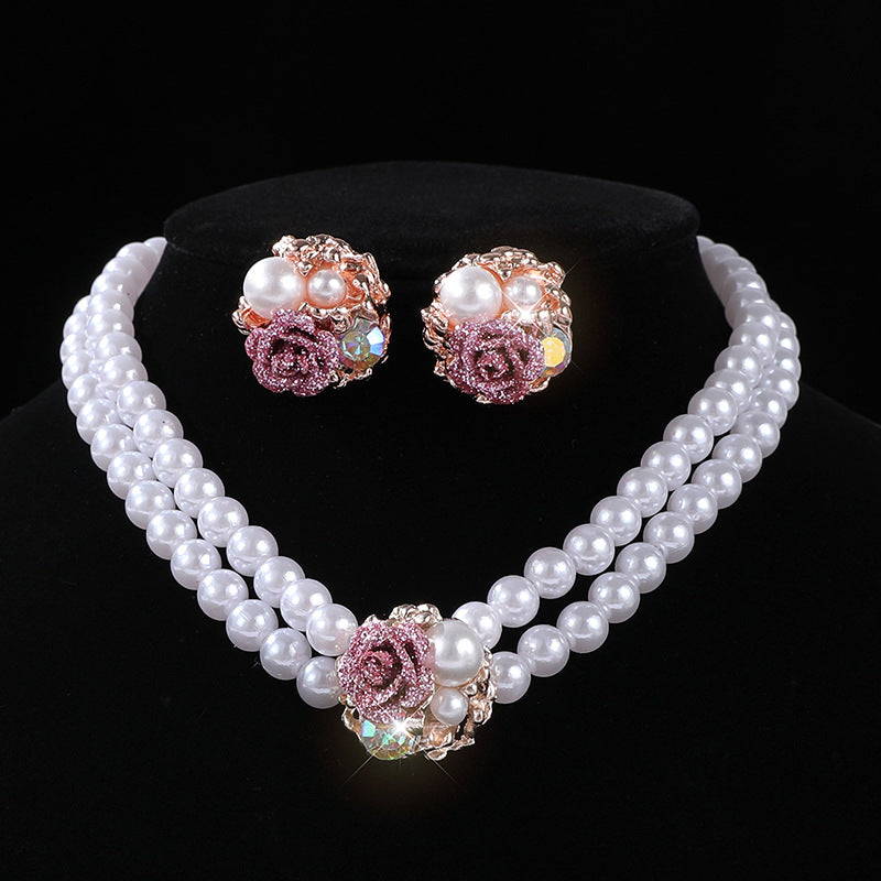 Wholesale Chic Faux Pearl Flower Choker Necklace And Earrings Set For Women Wedding Jewelry Lake Blue