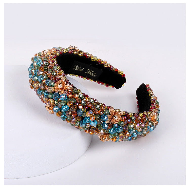 Wholesale 10Pcs Heavy Industry Crystal Beaded Retro Baroque Thick Sponge Wide Brim Pressed Headband