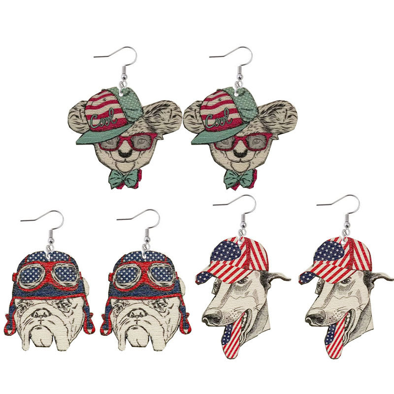 Wholesale of American Independence Day Wooden Pilot Dog Earrings