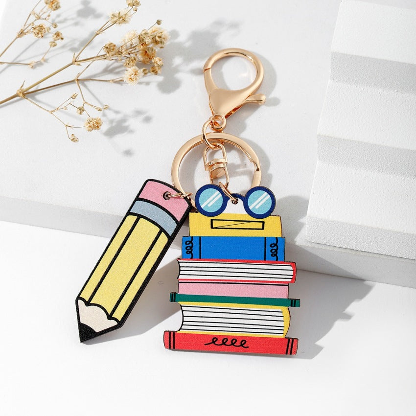 Wholesale Teacher' s Day Rainbow Pencil Wooden Label Tassel Keychain
