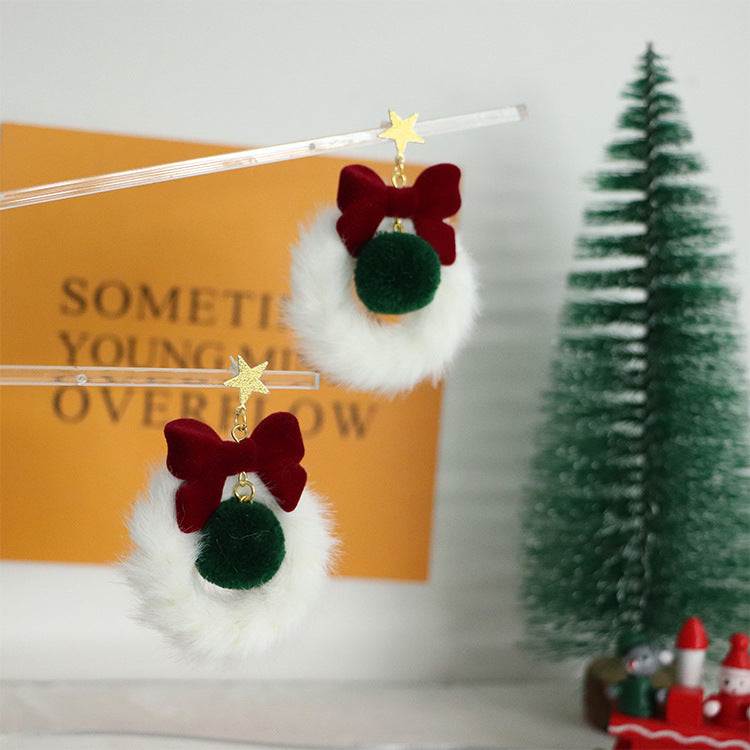 Wholesale Christmas Round Bow Garland Fur Ball Earrings