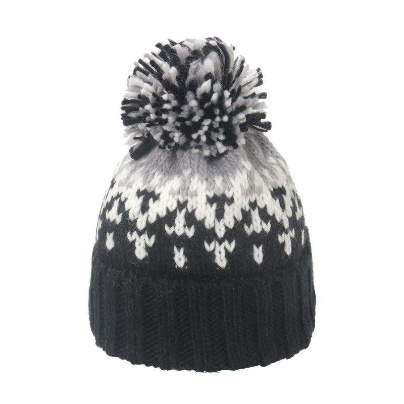 Wholesale Warm Mohair Mixed Color Geometric Diamond Jacquard Pom Pom Hat