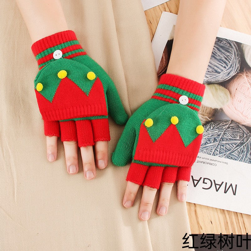 Wholesale Christmas Winter Half Finger Flip-up Cold-proof Warm Knitted Gloves