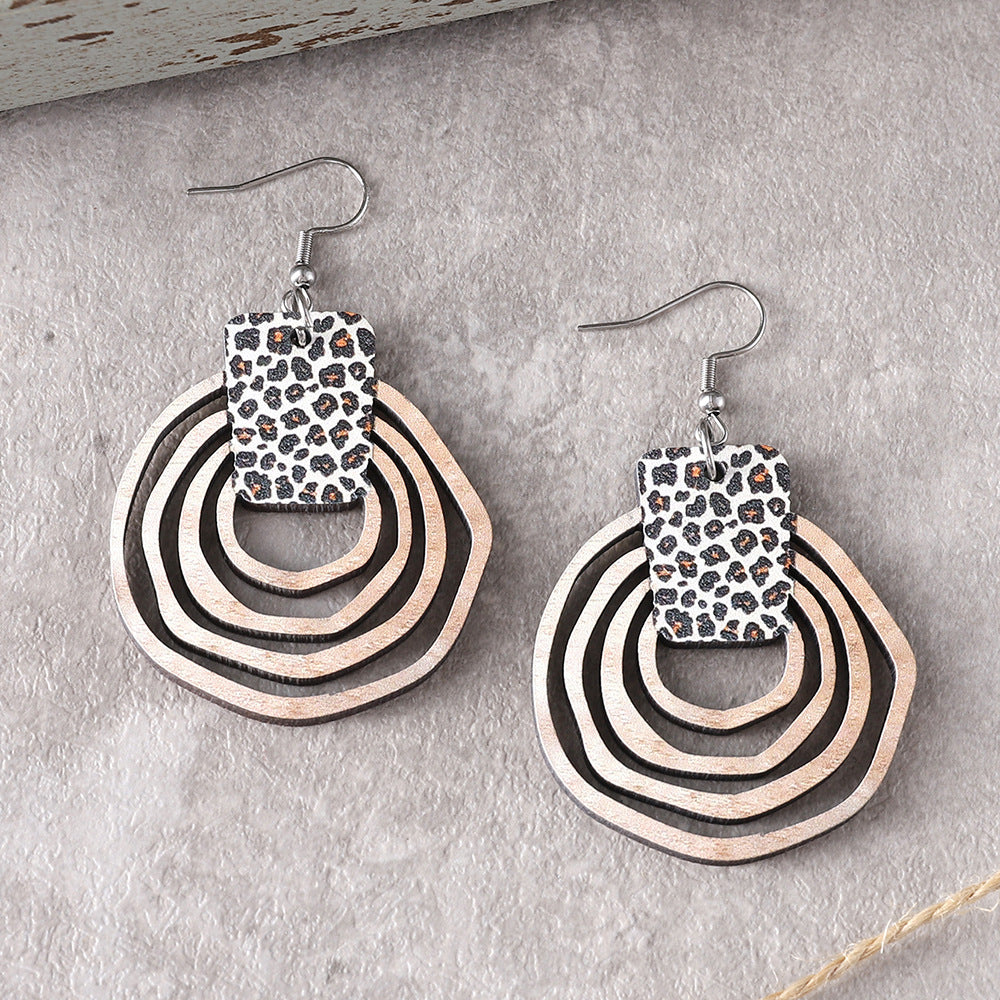Wholesale Bohemian Gradient Hollow Pendant Wooden Double-sided Earrings