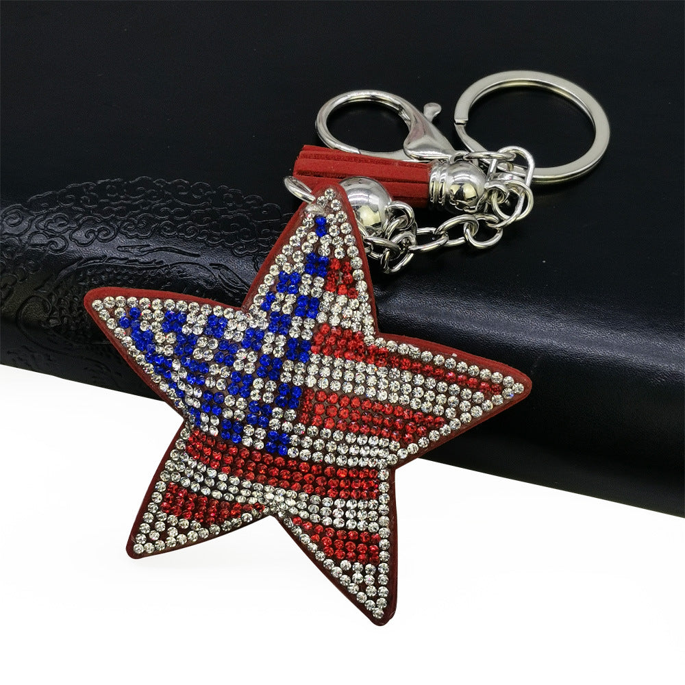 Wholesale 4pcs Diamond studded national flag five pointed star Rhinestone Keychain