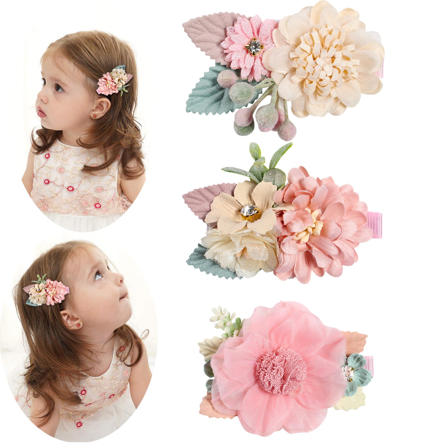 Wholesale Three Sets Pink Fake Head Flower Hair Clips