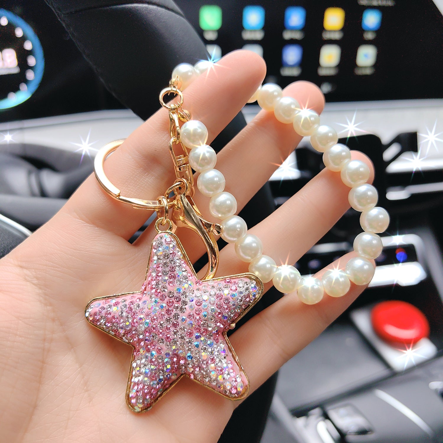 Wholesale Diamond Five-pointed Star Pearl Car Metal Creative Bag Pendant Keychains