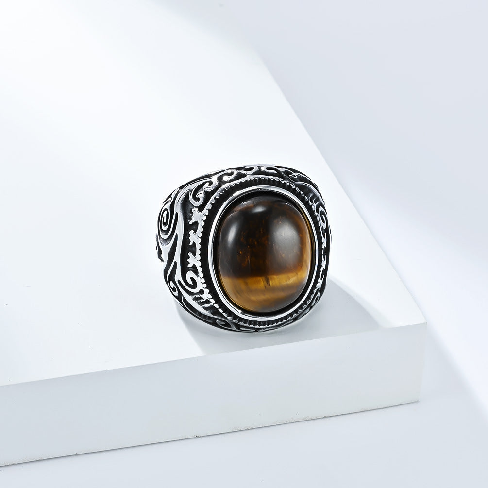 Wholesale Vintage carved flower inlaid tiger eye gemstone Stainless steel ring