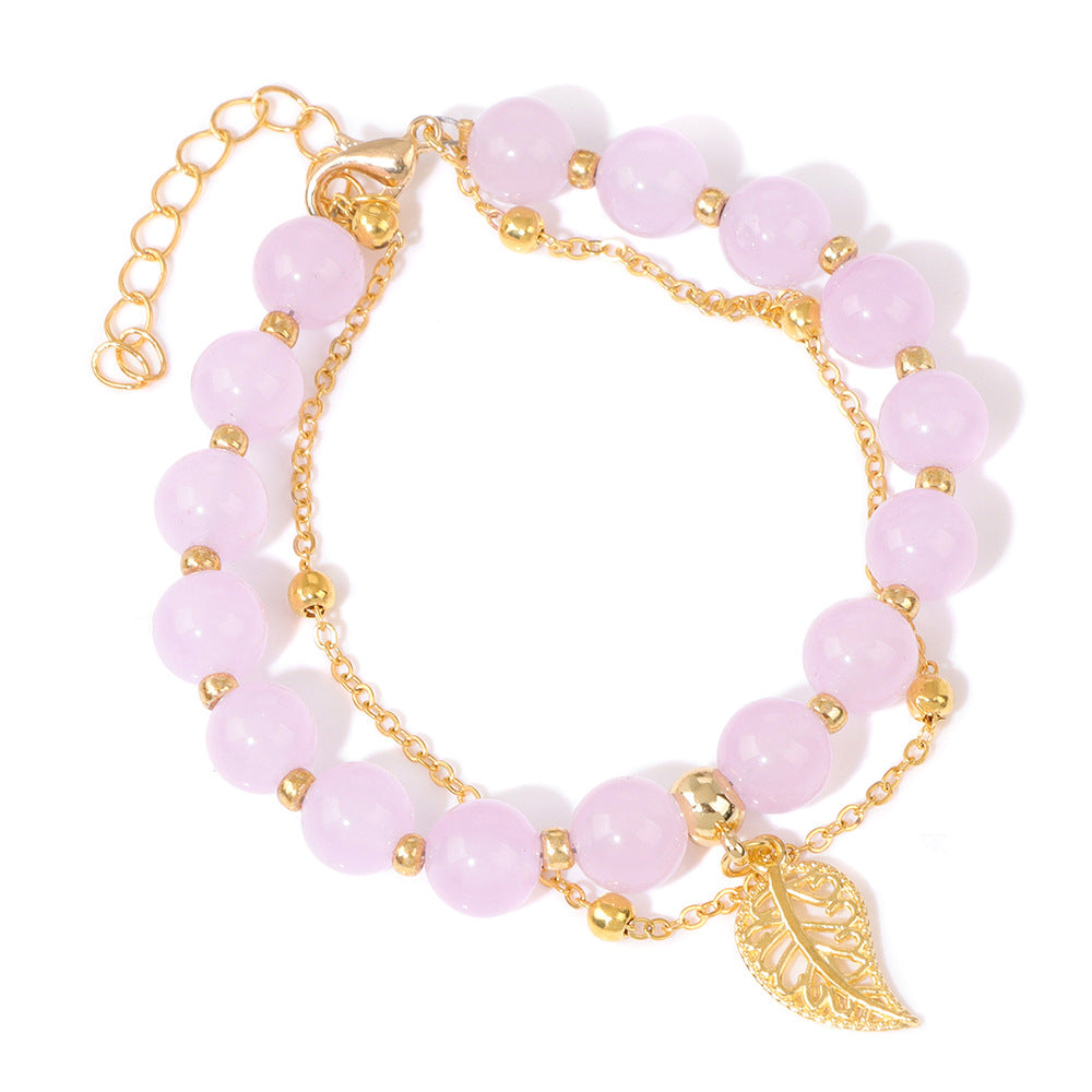 Wholesale Chalcedony Beads Leaves Pendant Alloy Double Layer Regulating Bracelet