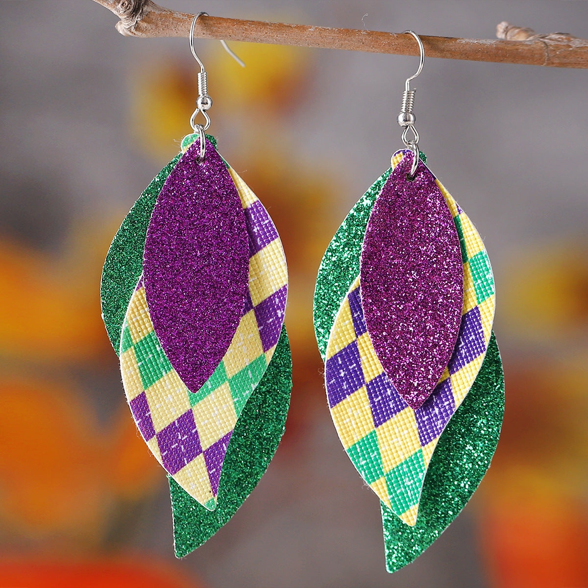 Wholesale new carnival green yellow purple sequins glitter 3 layer PU leather pendant earrings fashion carnival earrings
