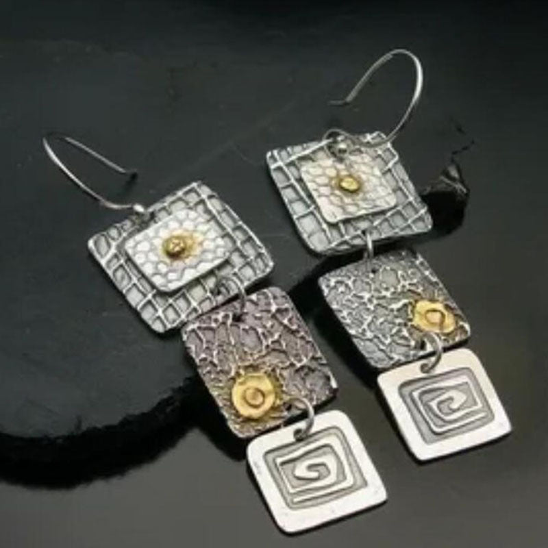 Wholesale Geometric Carved Square Metal Pendant Earrings