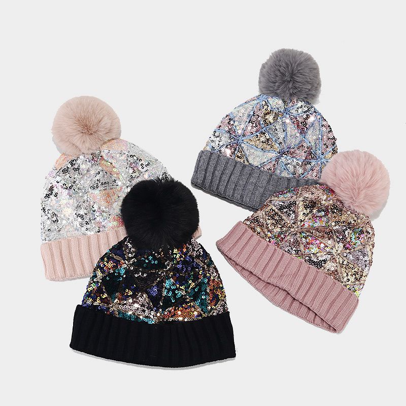 Wholesale Winter Thickened Warm Fur Ball Beanie Colorful Sequined Knitted Hat