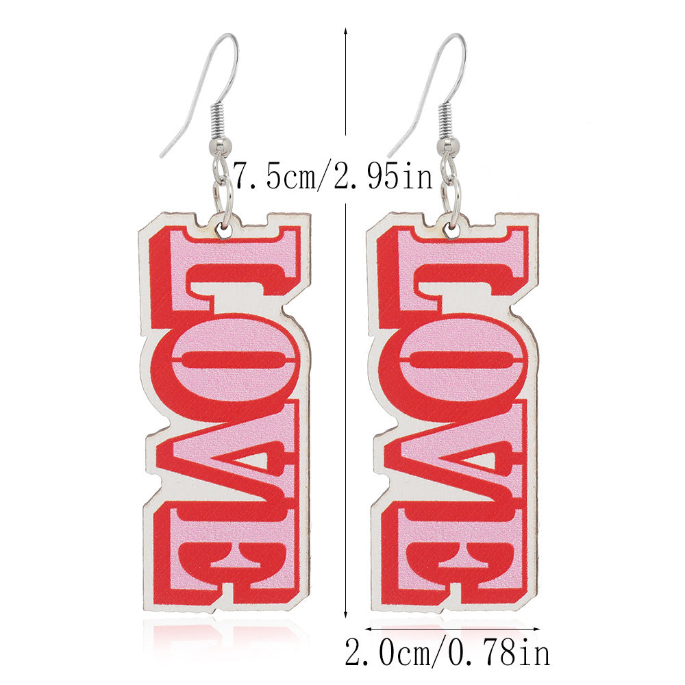 Wholesale Valentine's Day Pink Printed Love Heart-shaped Wooden Earrings