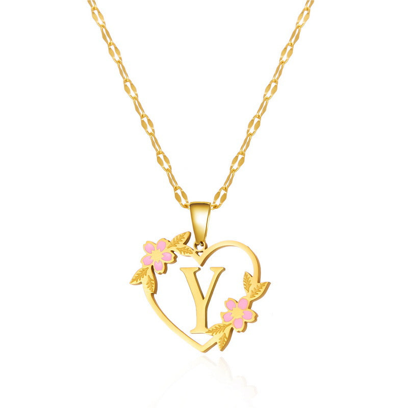 Wholesale 26 letter heart-shaped flower hollow Titanium Steel Necklace