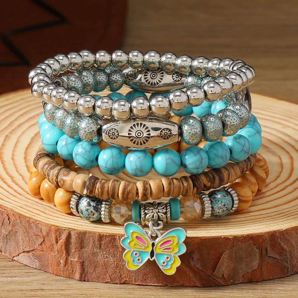 Wholesale Western Turquoise Cattle Head Hat Multi-layer Storestring Bracelet Multi-piece Beaded Bracelet