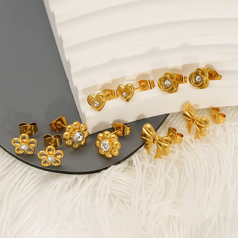 Wholesale Stainless Steel Heart Flower Hollow Zircon Bow Earrings