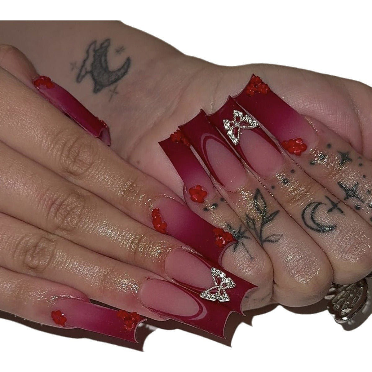 Wholesale Blood red French butterfly diamond embellished Press-on Nails