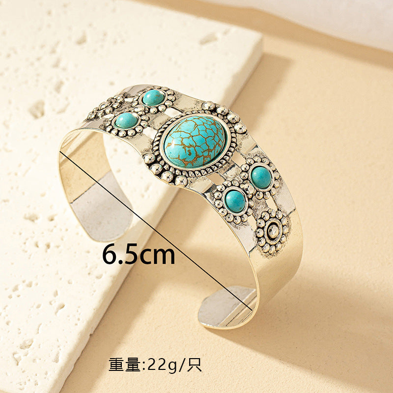 Wholesale Gold Tone Alloy Open Cuff Bracelet French Vintage Palace Style With Turquoise Accent Women S Everyday Fashion Accessory