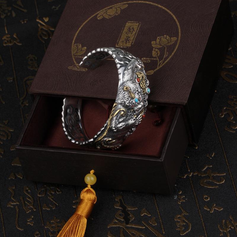 Wholesale Pixiu Wide Version Hand-Carved Rich Opening Metal Bracelet