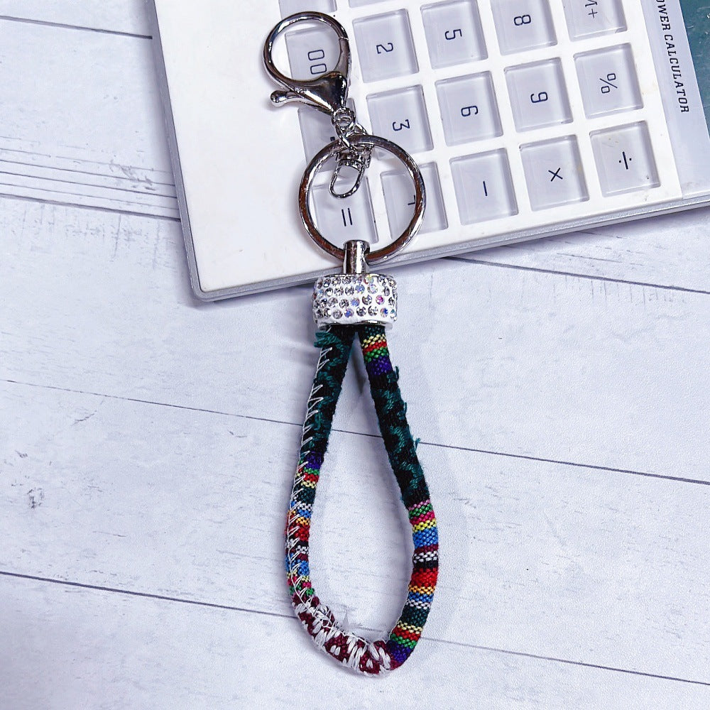 Wholesale Metal Colorful Ethnic Style Cotton Rope Diamond Keychain Lanyard
