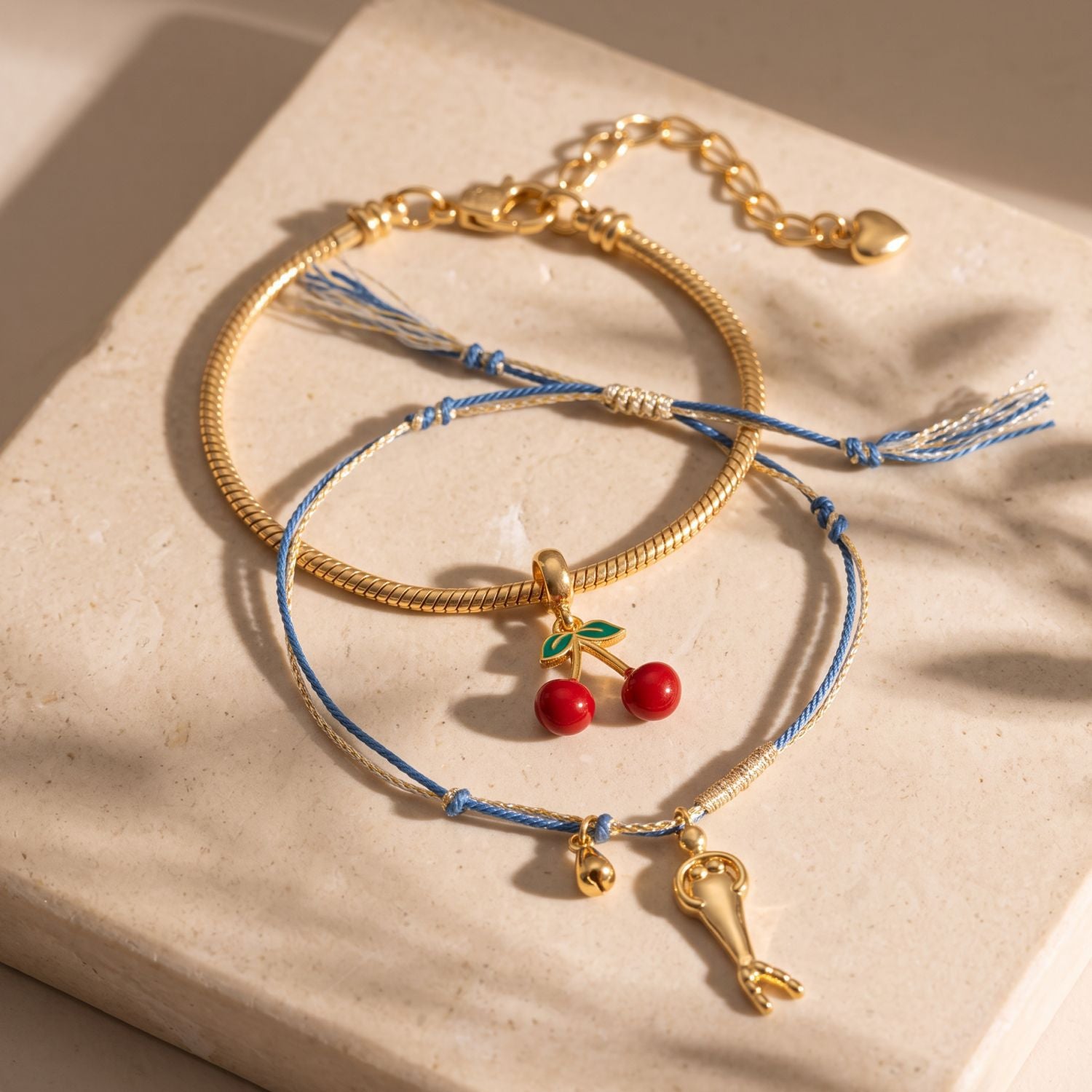 Wholesale Gold Plated Copper Rainbow Heart Cherry Pendant Pearl Layered Bracelet Set For Women Everyday Wear