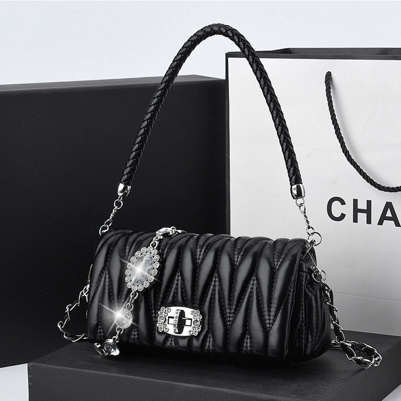 Wholesale Fashionable Versatile Soft Leather Rhinestone Chain Pleated Bag