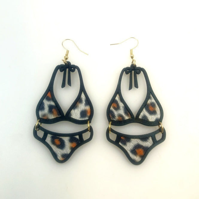 Wholesale Wood Cutting Hollow Double-layer Adhesive Leather Personalized and Fashionable Leopard Print Earrings