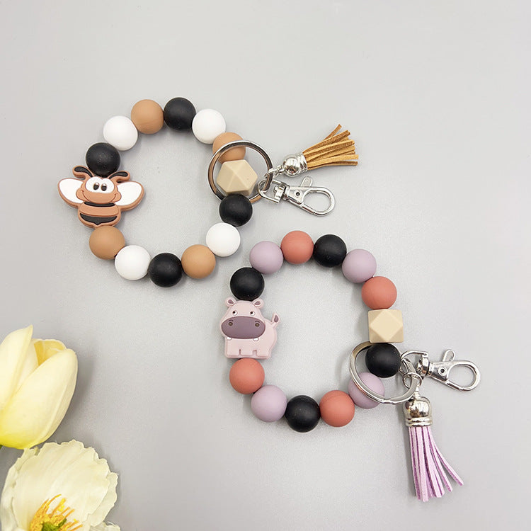 Wholesale Cartoon Cow Bee Silicone Beaded Wrist Keychain