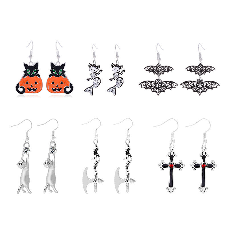 Wholesale Trendy  Earrings Set 6 Piece Alloy Cross Axe Cat Designs Boutique Resale