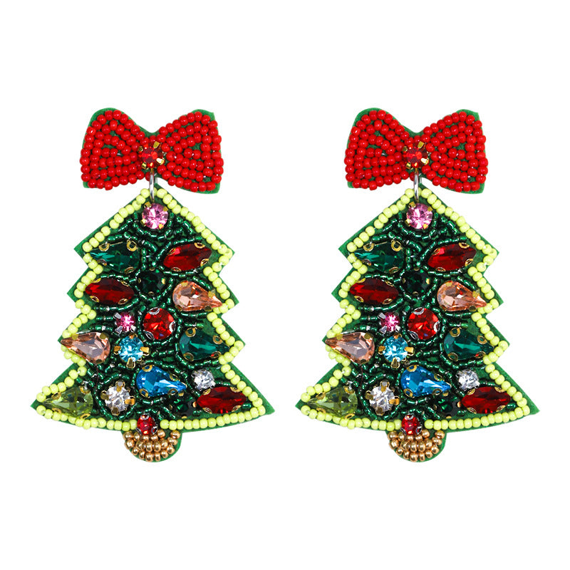Wholesale Christmas Tree Inlaid Diamond Handmade Rice Beads Christmas Earrings